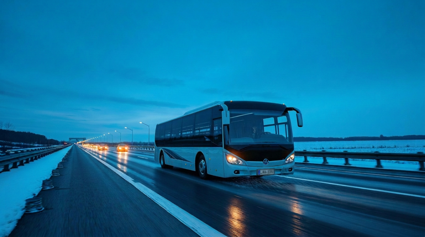 Linja-auto talvisella moottoritiellä aamuhämärässä